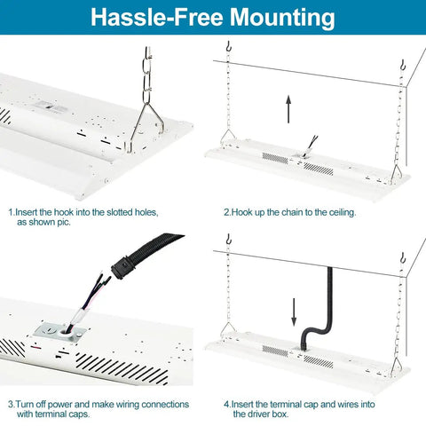 Heavy Duty Led High Bay Shop Light 300 Watt 42000 Lumens installation steps showing easy mounting and wiring process.