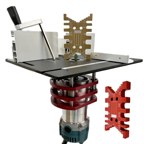 Top Shelf Aluminum Router Table Insert Plate With Butter Smooth Flip Chip Action For Weekend Warrior Projects And Pro Level Woodworking Benches Knockout Black Finish with attached routing accessories.