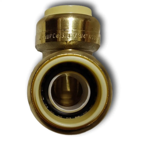 Front view of Three Quarter Inch Push Fit Elbow Set For Copper CPVC And PEX Pipes, Lead Free Brass Body, corrosion resistant fitting