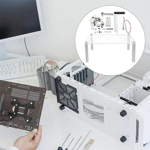 Open Air PC Case Bracket for Micro ATX Motherboards with open frame rig stand setup on desk for component testing.