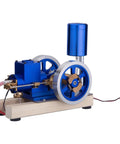 Water Cooled Hit And Miss Engine Model For Teens 14 Plus A Vintage Style Science Kit With Base Fuel Tank Piping And Hands On Activation For Realistic STEM Learning, blue metal engine on wooden base