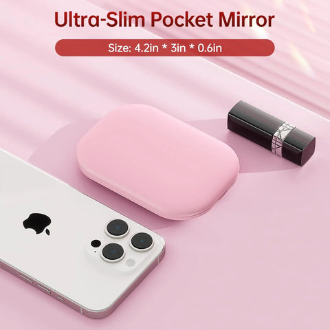 Ultra Slim LED Pocket Mirror With 1X And 3X Magnification beside smartphone and lipstick on pink surface