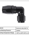 6AN Hose End Fitting 90 Degree Swivel Low Profile Forged Aluminum For CPE Braided Line With Nine Sixteen Eighteen UNF Thread Compatible With Stainless Steel And Nylon Braided Hoses Tight Space Performance AN Fitting, black 90-degree elbow