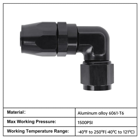 6AN Hose End Fitting 90 Degree Swivel Low Profile Forged Aluminum For CPE Braided Line With Nine Sixteen Eighteen UNF Thread Compatible With Stainless Steel And Nylon Braided Hoses Tight Space Performance AN Fitting, black 90-degree elbow