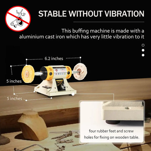Diagram showing adjustable speed polishing machine for jewelry making, woodworking and DIY projects with stability features highlighted.