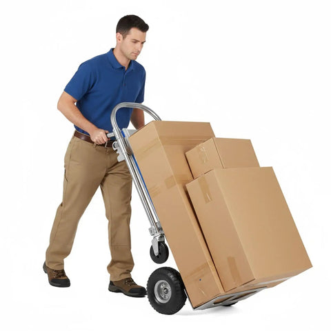 3 In 1 Beefy Heavy Duty Folding Dolly Cart With 550 Lbs Capacity Industrial Aluminum Frame Convertible Utility Cart For Moving Appliances, Furniture, Equipment, And Luggage. Person moving stacked boxes on stair-climb dolly