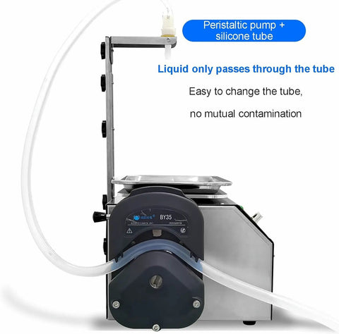 Heavy Duty Digital Liquid Filling Machine With Stainless Steel Housing Straight Up Hella Fast At 13 Liters Per Minute, peristaltic pump setup.
