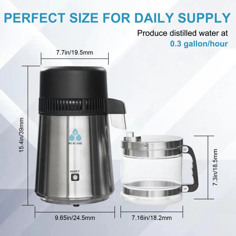 Diagram showing dimensions of One Gallon Countertop Water Distiller In Stainless Steel With Food Grade PP Filter Nozzle For Super Low TDS.