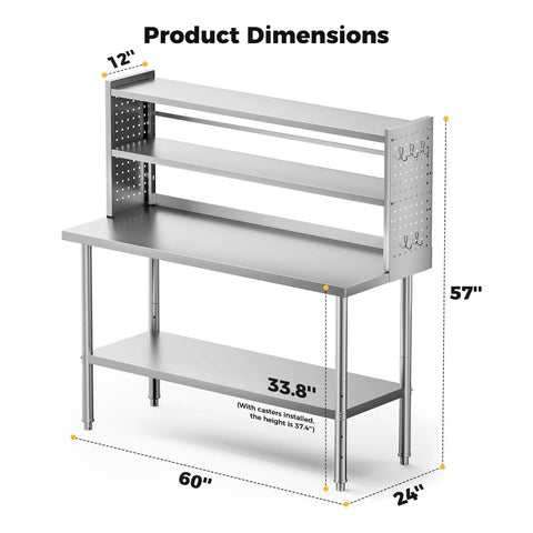 NSF Certified Stainless Steel Kitchen Prep Table 60x24 Inches With Adjustable Shelf And Pegboard Panels, Mobile With Casters