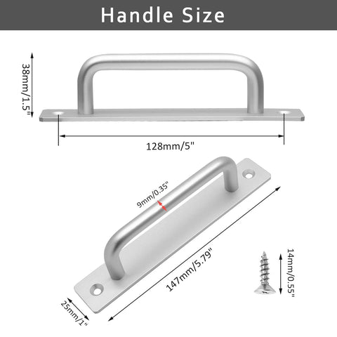 2 Pack Sliding Barn Door Handle With Plate, 128mm Center Hole Distance, Aluminium Alloy, Silver Finish with mounting screw