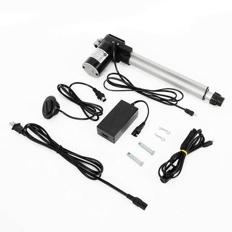 IP44 Rated 24V DC Linear Actuator With 250mm Stroke, 100 Kg Max Push And Pull, Recliner kit components on a white background