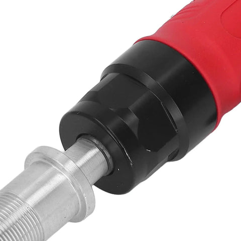 Close-up of the chuck of the Beefy Straight Air Die Grinder 3500 Rpm High Performance Pneumatic Tool with red rubber handle.