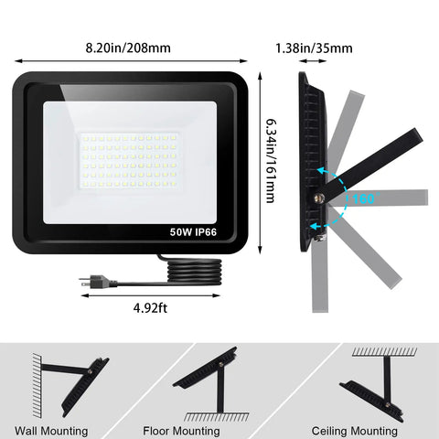 Diagram of Hella Bright 50W LED Flood Lights Outdoor 5000 Lumens IP66 showing dimensions and mounting angles.
