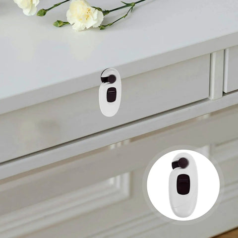Five Pack Childproof Cabinet Locks With Double Button Design Easy To Install ABS Safety Locks For Cabinets And Fridge Doors Enhanced Baby Safety For Curious Kids on white cabinet drawer