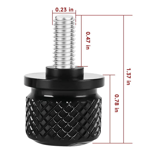 Close-up of stainless knurled fender rear seat bolt screw, 1/4-20 thread, dimensions labeled, for Harley-Davidson 1997-2025.
