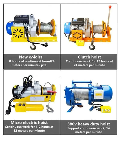 Heavy Duty Hydraulic Folding Engine Hoist With Smooth Electric Feed And Rock Solid 250 Kilogram Pull Capacity For No Sweat Garage Projects And Knock Out Shop Rig Tasks Weekly, featuring four electric hoists with varying capacities and specs.