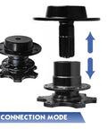Steering Wheel Quick Release Hub Boss Kit Six Hole Snap Off Adapter Built Dang Tough Steel For Street And Strip Swaps In Seconds Snaps Right On Dead Solid Grip Satin Black Finish Anti Theft Lock shown in connection mode.