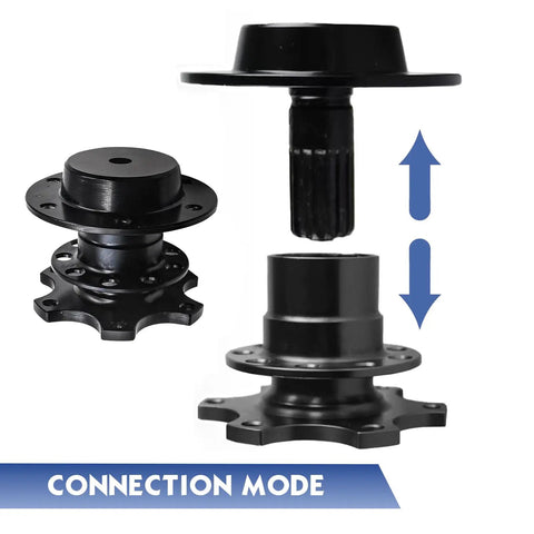 Steering Wheel Quick Release Hub Boss Kit Six Hole Snap Off Adapter Built Dang Tough Steel For Street And Strip Swaps In Seconds Snaps Right On Dead Solid Grip Satin Black Finish Anti Theft Lock shown in connection mode.