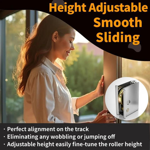 Woman using Pella Sliding Patio Door Rollers Replacement Kit 2 Pack With Adjustable Height 1-1/2 Inch Steel Ball Bearing Wheels