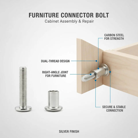 Dual Thread Hanger Bolt for Furniture Assembly and Cabinet Repair Silver Finish Connector with dual-thread design and right-angle joint