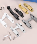 Durable 90 180 Degree Barn Door Lock Latch Kit With Screws And Glue in silver, black, white, and gold tones displayed on a surface