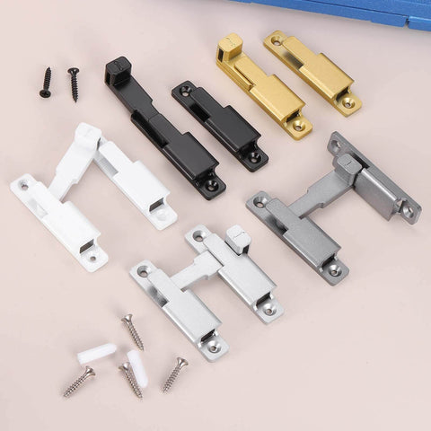 Durable 90 180 Degree Barn Door Lock Latch Kit With Screws And Glue in silver, black, white, and gold tones displayed on a surface