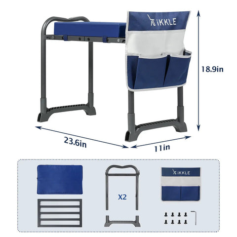 Beefy Heavy Duty Garden Kneeler And Seat With Thick Kneeling Pad Foldable Gardener Stool With Tool Pouch Converts To A Chair 3 In 1 Design Supports Up To 838 Lbs Great Gift For Gardeners featuring dimensions and components.