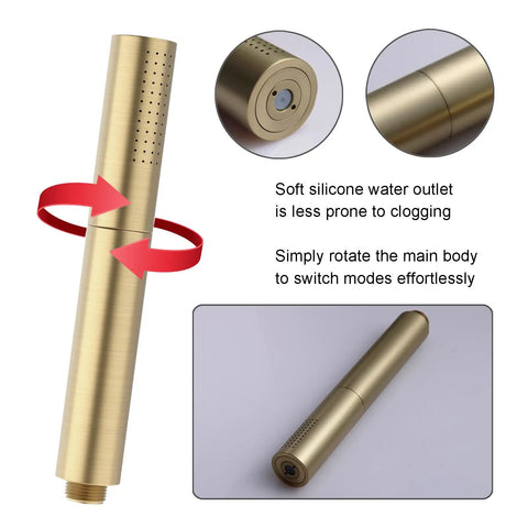 2 In 1 Handheld Shower Head Set With Rain And Jet Modes in brass, showing rotating design for mode switching.