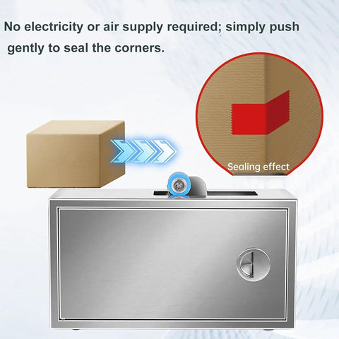 Handy Manual Tape Dispenser Sealer For Cardboard Boxes, Adjustable Length Tool that works without electricity, shown sealing a box.
