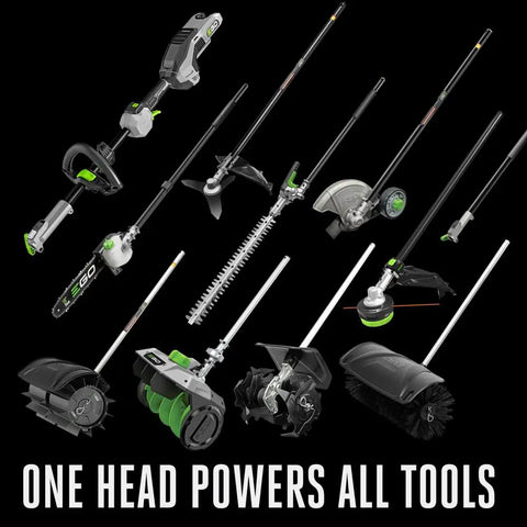 20 Inch Carbon Fiber Hedge Trimmer Attachment For 56-Volt Multi Head System displayed with various tool attachments