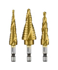 NEIKO 3-piece gold step drill bit set with spiral grooves for drilling metal, wood, plastic
