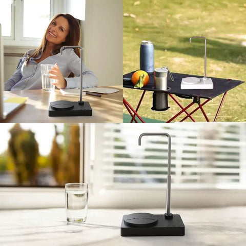 Portable Desktop Water Dispenser With Auto Pump And USB Rechargeable Water Bottle Pump on table in home and outdoor settings