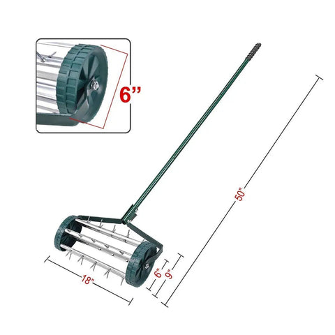 Rolling Lawn Aerator 18 Inch With Heavy Duty Spiked Tines For Deep Soil Aeration Manual Push Rotary Tool With 41 Inch Handle