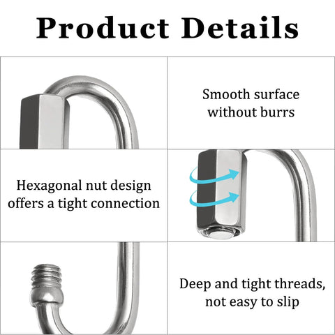 Product details showing 304 stainless steel quick links with hexagonal nut design, smooth surface, deep threads for tight connections