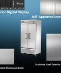 No Nonsense 40 Inch Reach In Freezer With 35 Cubic Feet Upright Cold Storage Tough Stainless Steel Cabinet with display and doors.