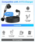 Extra Long J1772 EV Charger Extension Cable 40 Amp 30 Ft with compatible charger details and connection points.