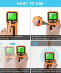 5 in 1 Wall Stud Finder Sensor with Backlit Display showing usage steps on LCD screen and hand calibration.