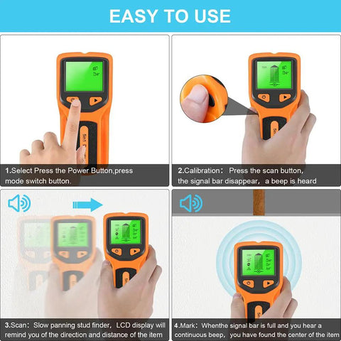 5 in 1 Wall Stud Finder Sensor with Backlit Display showing usage steps on LCD screen and hand calibration.