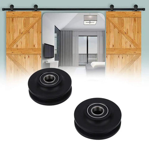2 Pack Barn Door Sliding Roller Wheels Kit For DIY Sliding Door Project in front of wooden barn doors on track