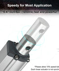 Close-up of Built Tough 12V Linear Actuator with 10 Inch Stroke and Mounting Bracket, showing speed details.