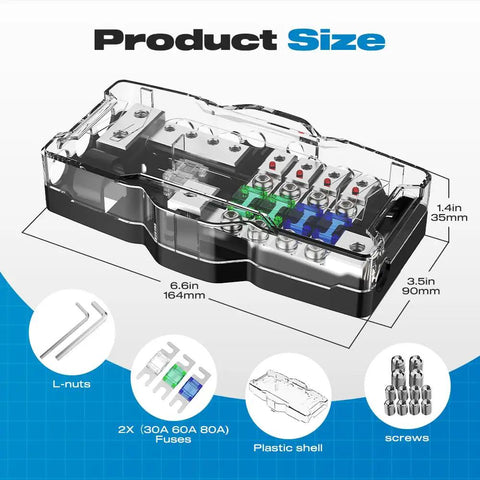 Four Way MIDI Fused Distribution Block For Car Audio And Marine Systems, 12V Wiring, Supports Two Inputs And Four Outputs, Ground Connection, 0 To 4 Gauge Capacity, Includes Mini ANL Fuse Mount For Safe Organized Power, 6.6x3.5x1.4in