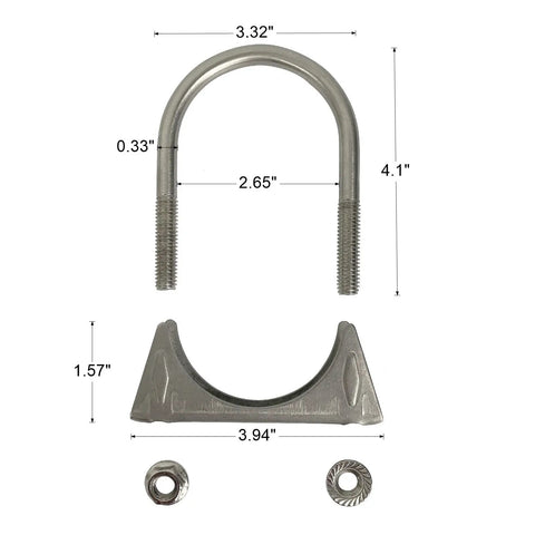 Heavy Duty 2.5 Inch Muffler Exhaust Clamp Stainless Steel U Bolt For 2.5 Inch Pipes, Clamp On Tip Pipes Connection, Beefy Yet Reliable Automotive Clamp Built From T201 Stainless with measurements