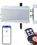 Legit Smart Hidden Deadbolt Electronic Keyless Lock With Remote Control And Smartphone App Access For Totally Invisible Zero Hassle Home Security Game Changer, showing remote and lock.