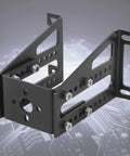 RC motor mount bracket for small model aircraft; black aluminium alloy with adjustable arms and bolt holes.