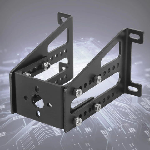 RC motor mount bracket for small model aircraft; black aluminium alloy with adjustable arms and bolt holes.
