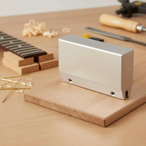 Pro Grade Guitar Fret Press Jig Caul Tool For Luthiers Rugged Aluminum Housing Reusable Fixture For Precise Fret Installation Easy Wrench Adjustments Ideal For Repair Training DIY Makers And Shops, shown on wood board