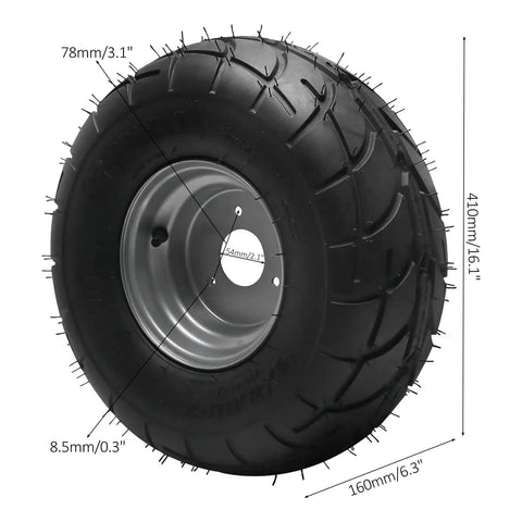 Close-up of a 16x8-7 wheel from Go Kart And Drift Trike 32 Inch Rear Axle Kit With 3 Stud Hub for ATV builds.