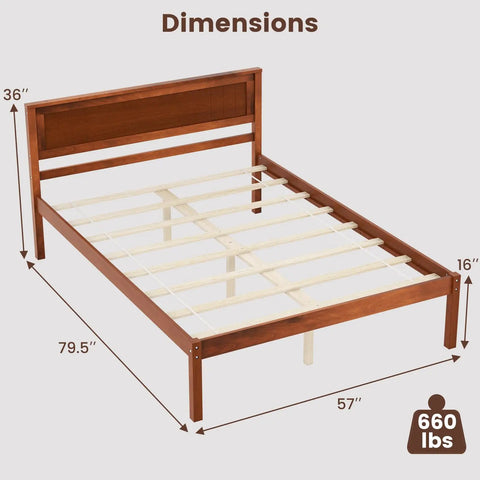 Rock Solid Mid Century Modern Full Size Wood Platform Bed With Reinforced Slat Support And Roomy 16 Inch Under Bed Storage No Box Spring Needed For Hassle Free Assembly In Classic Walnut Finish dimensions shown.