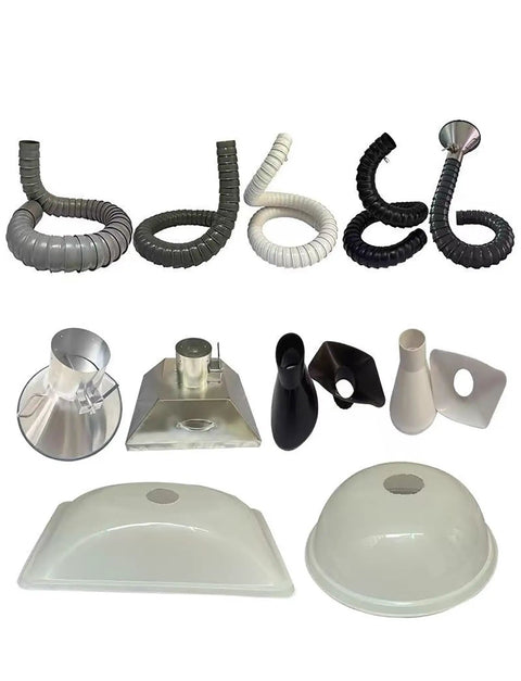 Various fume hood components including flexible hoses and exhaust attachments for Rock Solid Stainless Steel Fume Hood with Flexible Gooseneck.