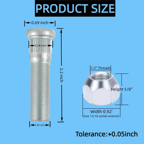 12 Piece Trailer Wheel Studs With Nuts For 2000-3500 Lb Axles, 1/2-20 UNF Thread, 0.54 Inch Spline, product size dimensions